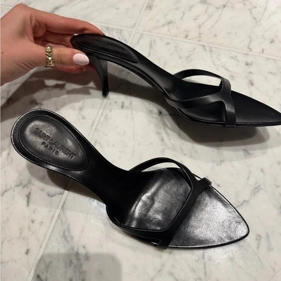 Saint Laurent Black Leather Pointed-Toe Slide Heels - Picture 3 of 5